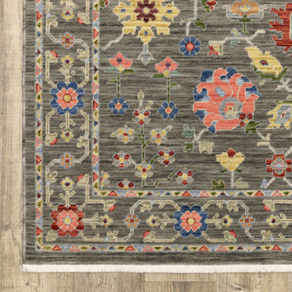 10 x 13 Grey Salmon Pink Gold Blue Rust Deep Blue Ivory & Green Oriental Power Loom Stain Resistant Rug With Fringe