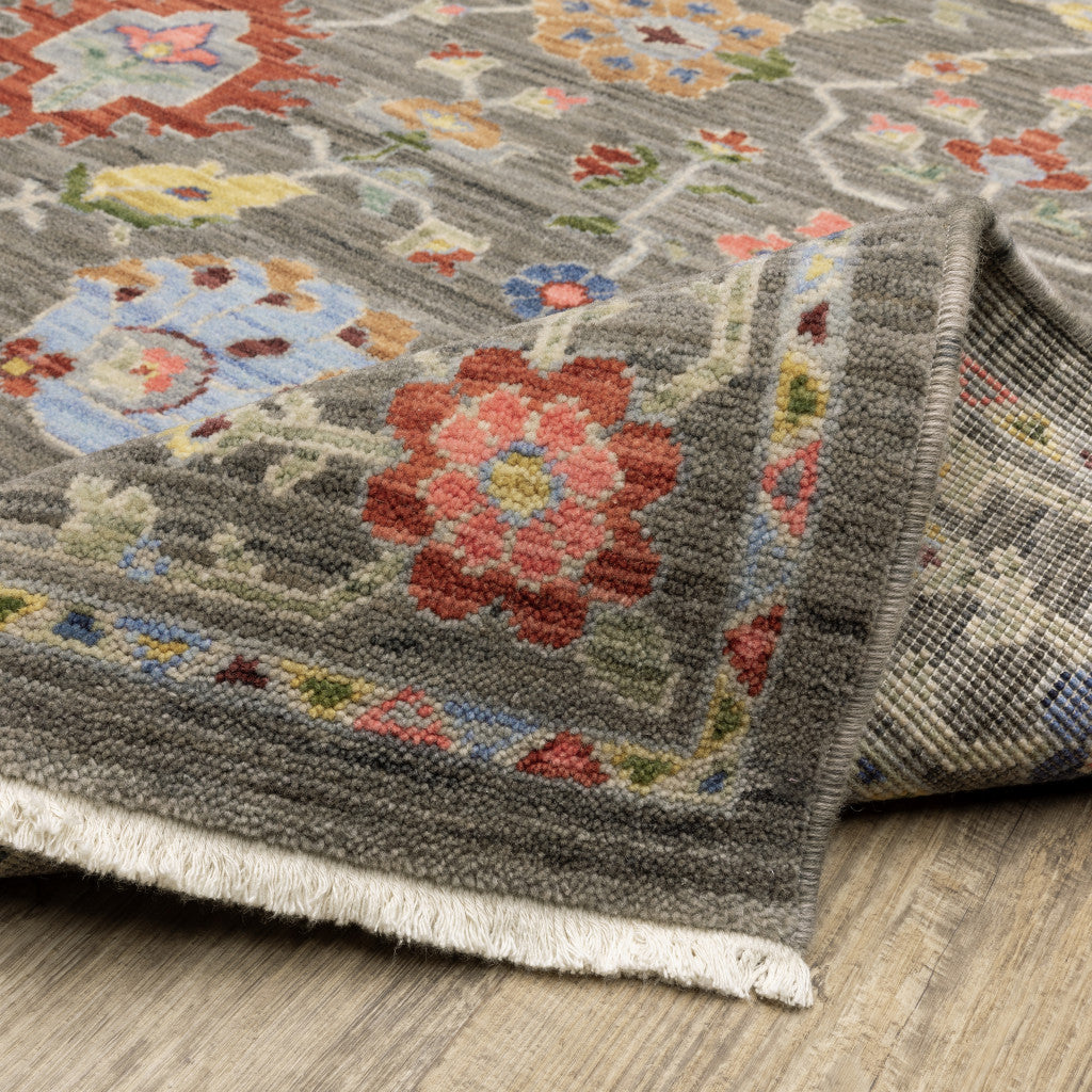 10 x 13 Grey Salmon Pink Gold Blue Rust Deep Blue Ivory & Green Oriental Power Loom Stain Resistant Rug With Fringe