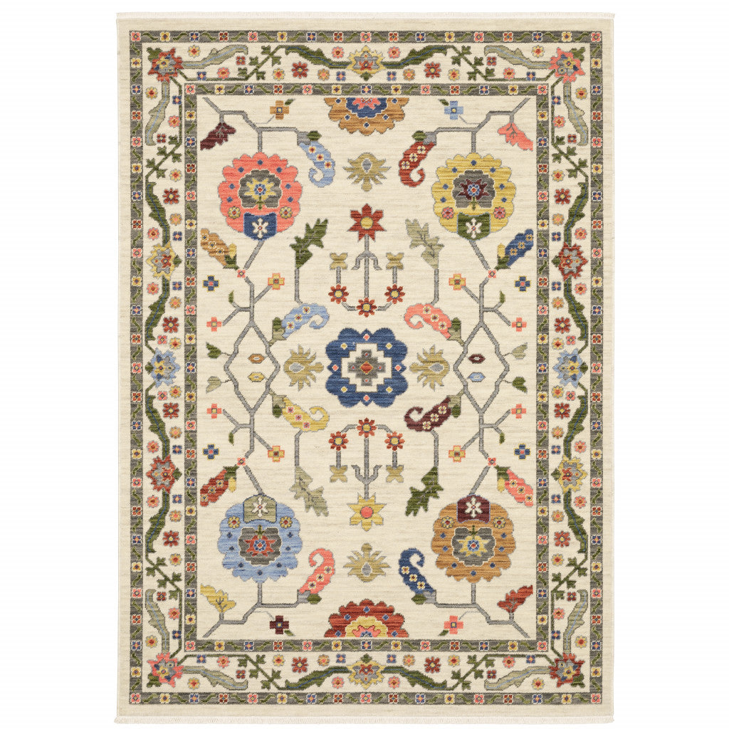 10 x 13 Ivory Green Blues Pink Yellow Rust Brown Tan & Grey Oriental Power Loom Stain Resistant Rug With Fringe