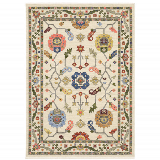 10 x 13 Ivory Green Blues Pink Yellow Rust Brown Tan & Grey Oriental Power Loom Stain Resistant Rug With Fringe