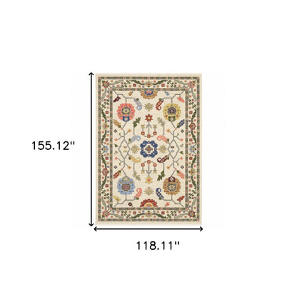 10 x 13 Ivory Green Blues Pink Yellow Rust Brown Tan & Grey Oriental Power Loom Stain Resistant Rug With Fringe