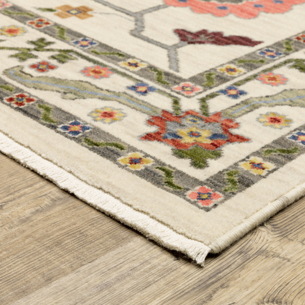 10 x 13 Ivory Green Blues Pink Yellow Rust Brown Tan & Grey Oriental Power Loom Stain Resistant Rug With Fringe