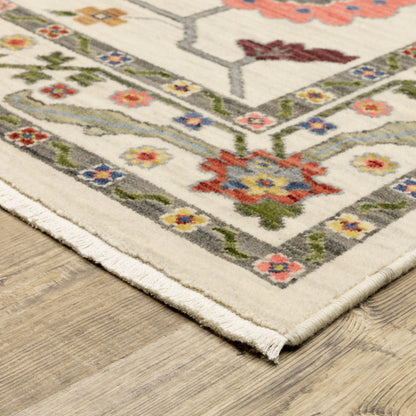 10 x 13 Ivory Green Blues Pink Yellow Rust Brown Tan & Grey Oriental Power Loom Stain Resistant Rug With Fringe