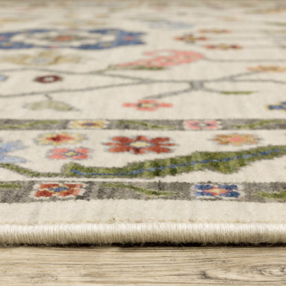 10 x 13 Ivory Green Blues Pink Yellow Rust Brown Tan & Grey Oriental Power Loom Stain Resistant Rug With Fringe