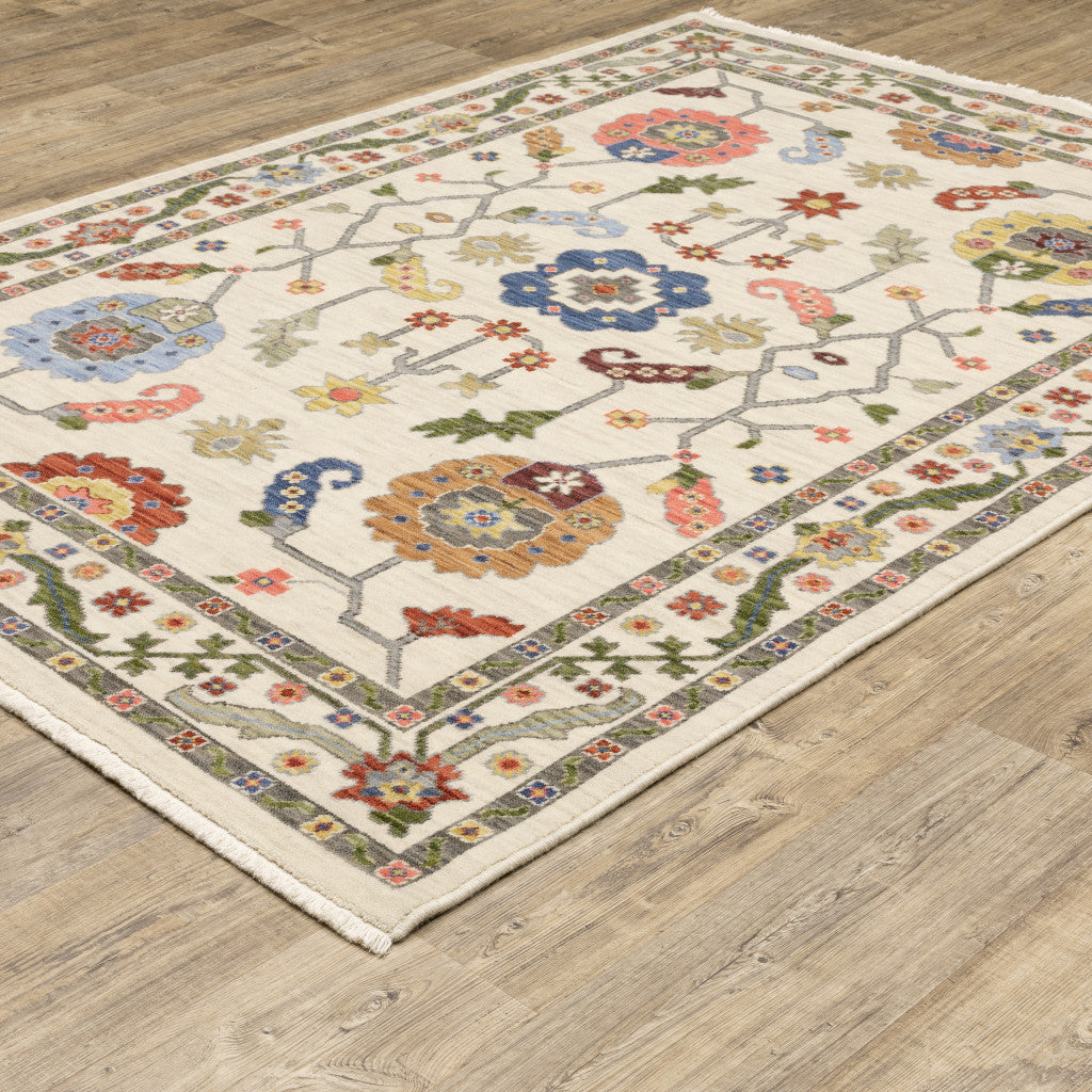10 x 13 Ivory Green Blues Pink Yellow Rust Brown Tan & Grey Oriental Power Loom Stain Resistant Rug With Fringe