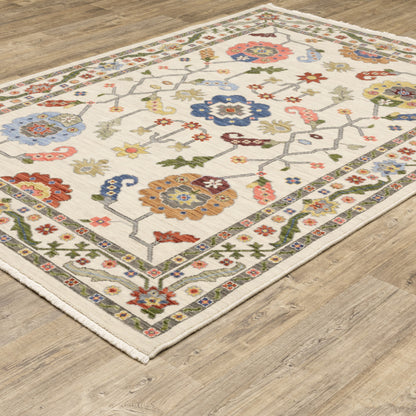 10 x 13 Ivory Green Blues Pink Yellow Rust Brown Tan & Grey Oriental Power Loom Stain Resistant Rug With Fringe