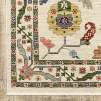 10 x 13 Ivory Green Blues Pink Yellow Rust Brown Tan & Grey Oriental Power Loom Stain Resistant Rug With Fringe
