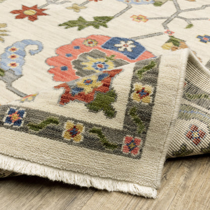 10 x 13 Ivory Green Blues Pink Yellow Rust Brown Tan & Grey Oriental Power Loom Stain Resistant Rug With Fringe