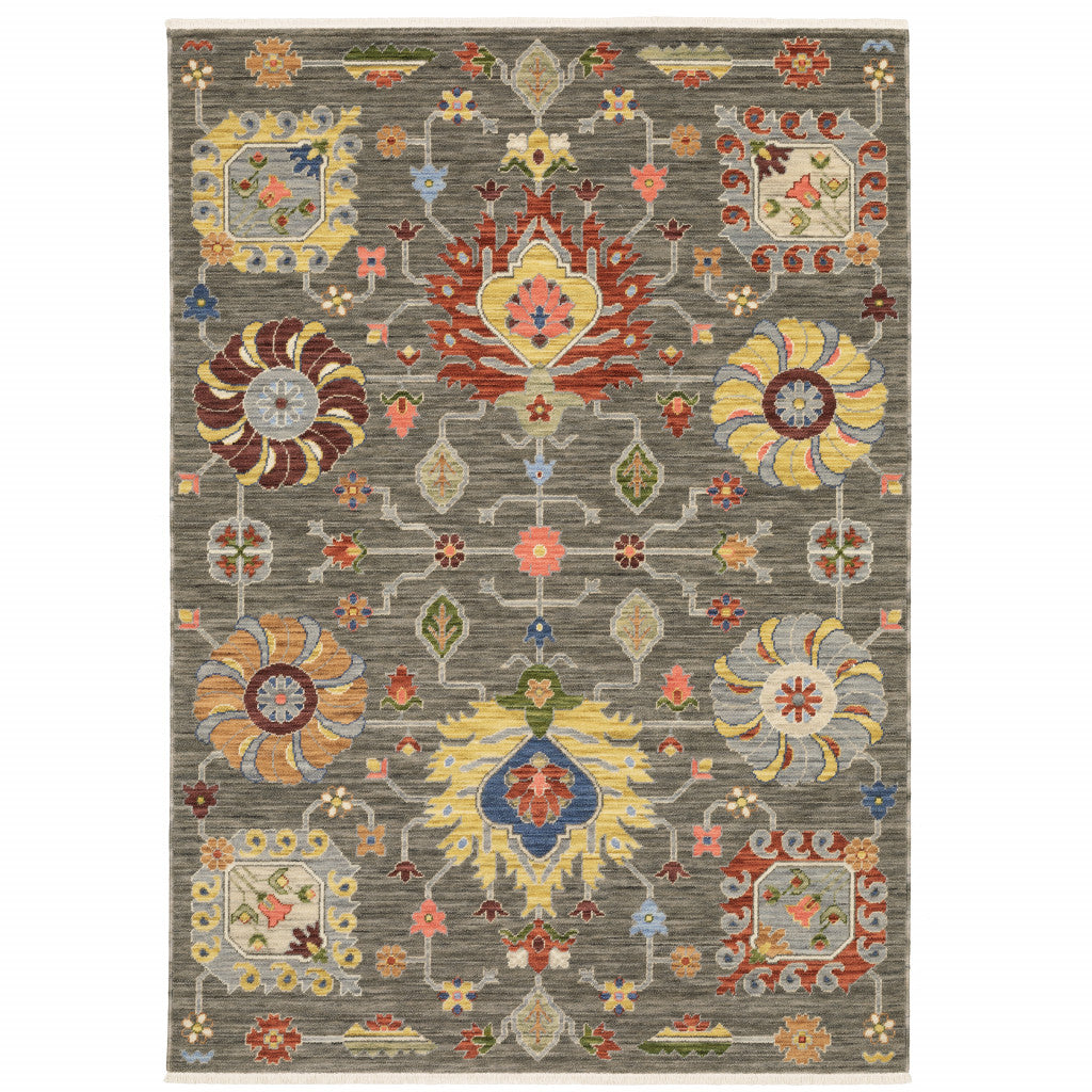 10 x 13 Grey Charcoal Yellow Blue Rust Red Pink Green & Ivory Oriental Power Loom Stain Resistant Rug With Fringe