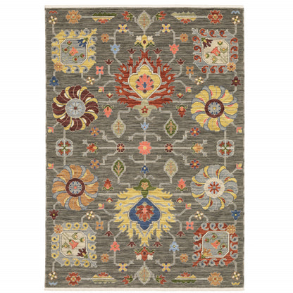 10 x 13 Grey Charcoal Yellow Blue Rust Red Pink Green & Ivory Oriental Power Loom Stain Resistant Rug With Fringe