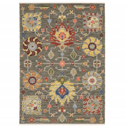 10 x 13 Grey Charcoal Yellow Blue Rust Red Pink Green & Ivory Oriental Power Loom Stain Resistant Rug With Fringe