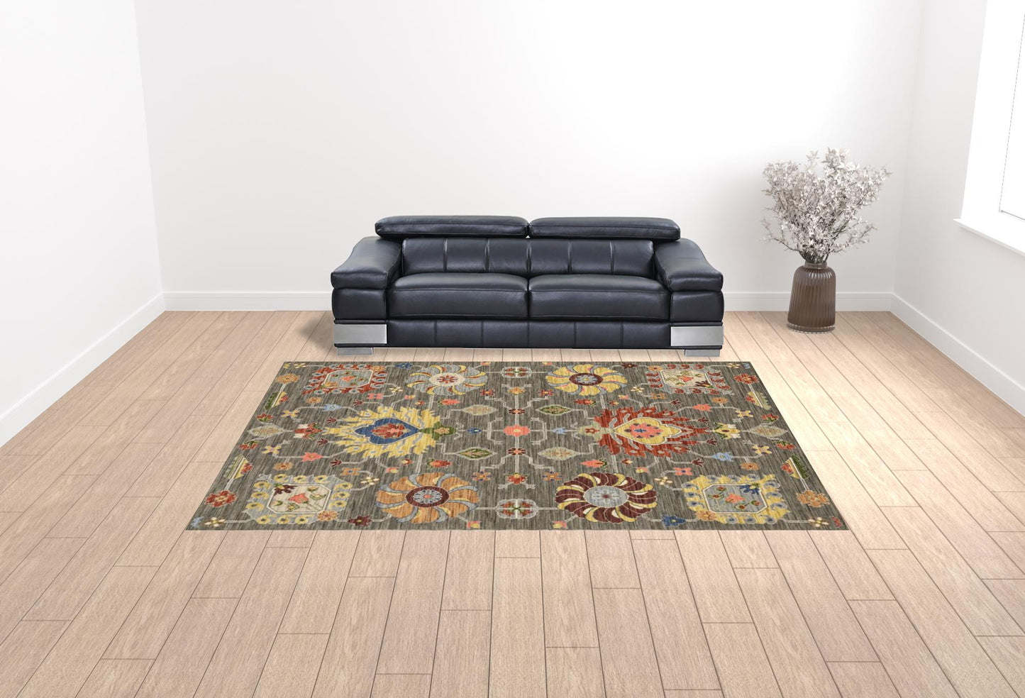 10 x 13 Grey Charcoal Yellow Blue Rust Red Pink Green & Ivory Oriental Power Loom Stain Resistant Rug With Fringe