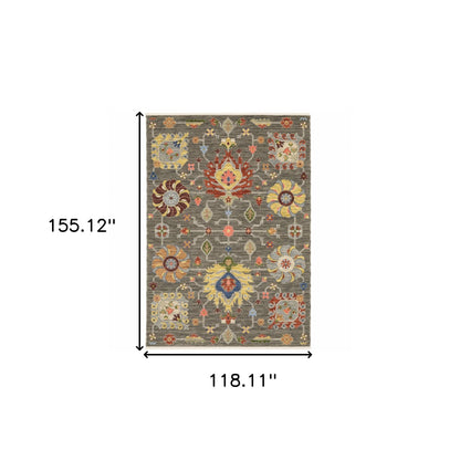 10 x 13 Grey Charcoal Yellow Blue Rust Red Pink Green & Ivory Oriental Power Loom Stain Resistant Rug With Fringe