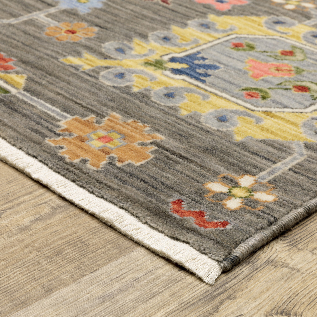 10 x 13 Grey Charcoal Yellow Blue Rust Red Pink Green & Ivory Oriental Power Loom Stain Resistant Rug With Fringe