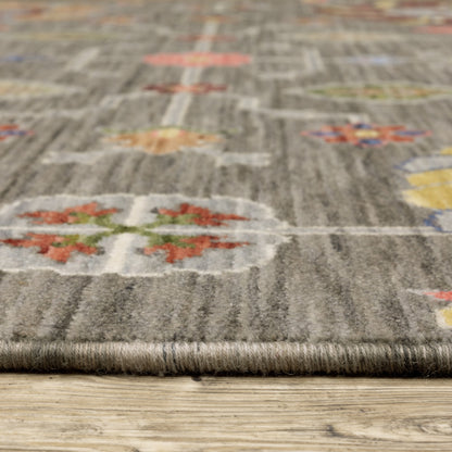 10 x 13 Grey Charcoal Yellow Blue Rust Red Pink Green & Ivory Oriental Power Loom Stain Resistant Rug With Fringe