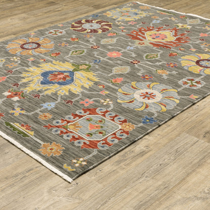 10 x 13 Grey Charcoal Yellow Blue Rust Red Pink Green & Ivory Oriental Power Loom Stain Resistant Rug With Fringe