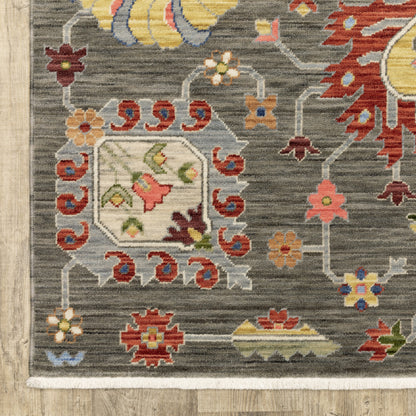 10 x 13 Grey Charcoal Yellow Blue Rust Red Pink Green & Ivory Oriental Power Loom Stain Resistant Rug With Fringe