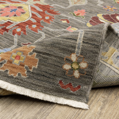 10 x 13 Grey Charcoal Yellow Blue Rust Red Pink Green & Ivory Oriental Power Loom Stain Resistant Rug With Fringe