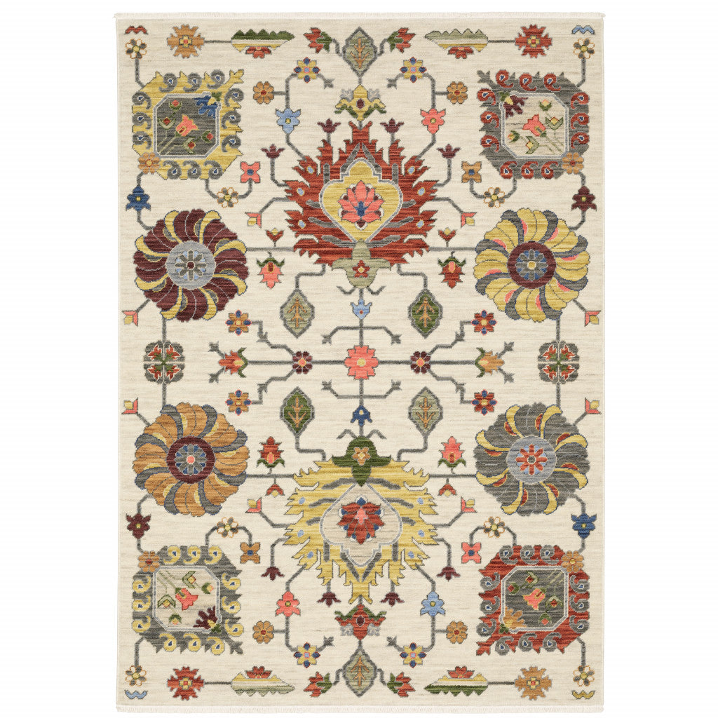 10 x 13 Ivory Yellow Rust Green Grey Pink Orange Blue & Grey Oriental Power Loom Stain Resistant Rug With Fringe