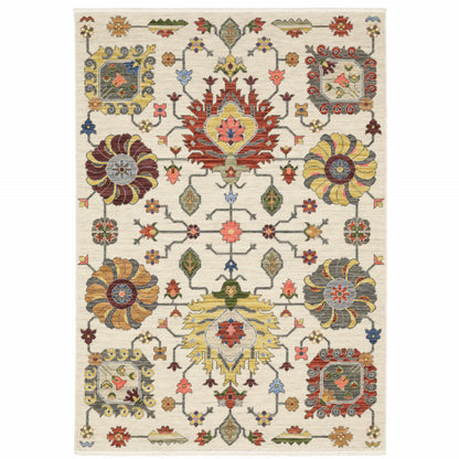 10 x 13 Ivory Yellow Rust Green Grey Pink Orange Blue & Grey Oriental Power Loom Stain Resistant Rug With Fringe