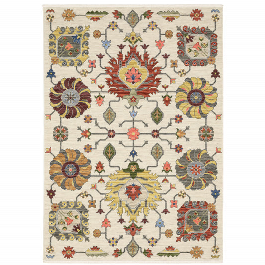 10 x 13 Ivory Yellow Rust Green Grey Pink Orange Blue & Grey Oriental Power Loom Stain Resistant Rug With Fringe