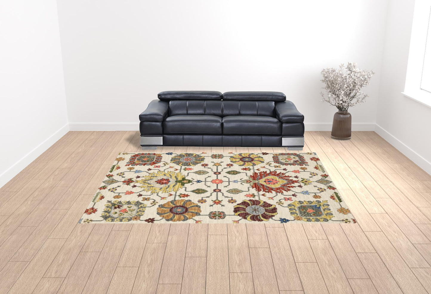 10 x 13 Ivory Yellow Rust Green Grey Pink Orange Blue & Grey Oriental Power Loom Stain Resistant Rug With Fringe