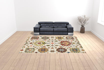 10 x 13 Ivory Yellow Rust Green Grey Pink Orange Blue & Grey Oriental Power Loom Stain Resistant Rug With Fringe