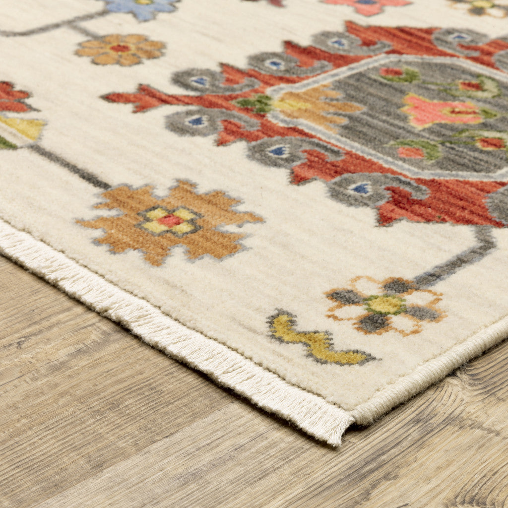 10 x 13 Ivory Yellow Rust Green Grey Pink Orange Blue & Grey Oriental Power Loom Stain Resistant Rug With Fringe