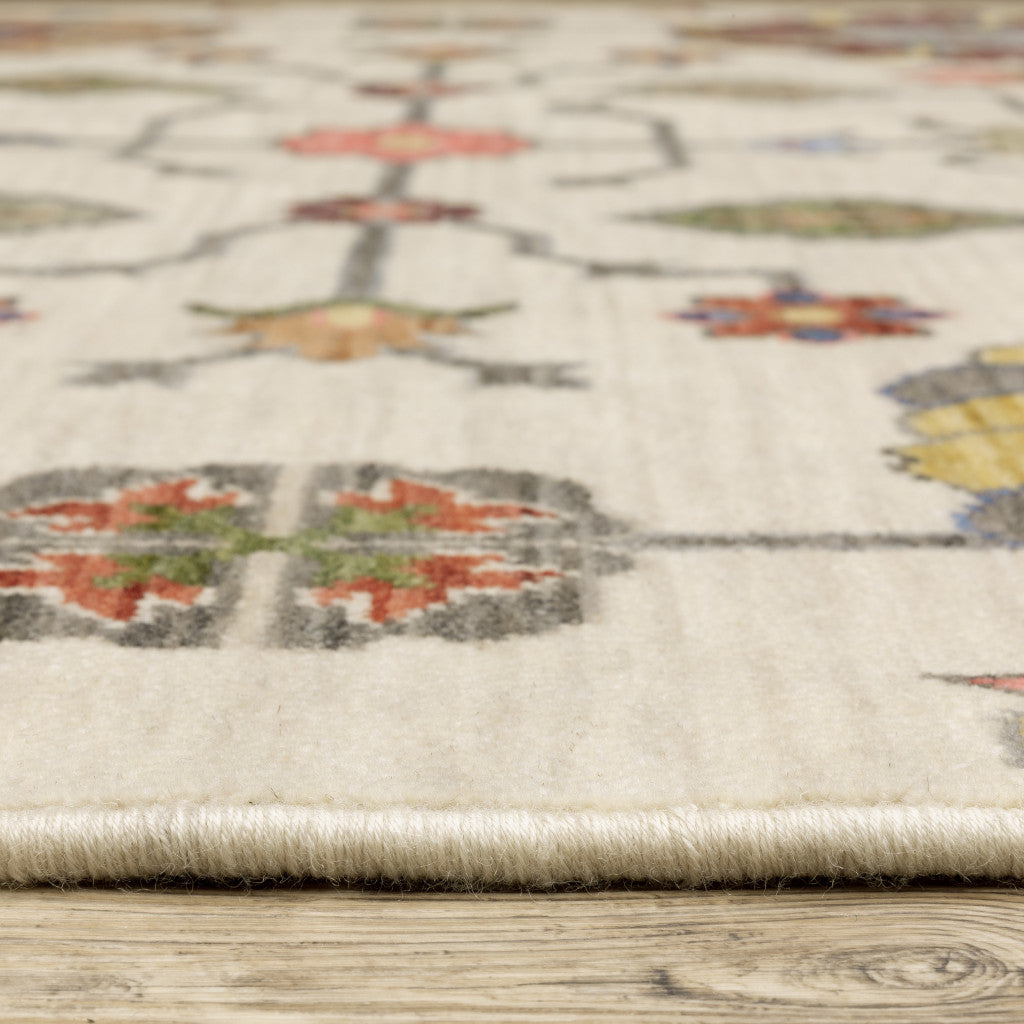 10 x 13 Ivory Yellow Rust Green Grey Pink Orange Blue & Grey Oriental Power Loom Stain Resistant Rug With Fringe