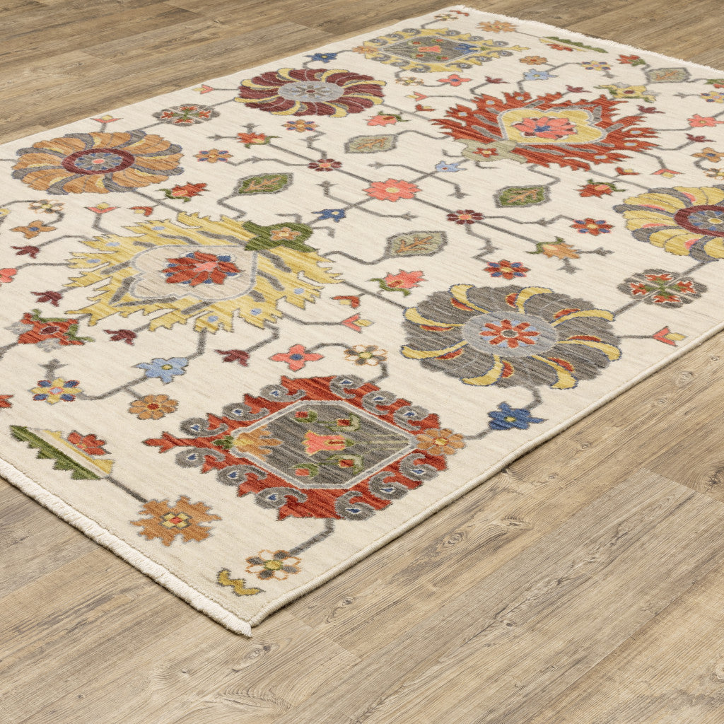 10 x 13 Ivory Yellow Rust Green Grey Pink Orange Blue & Grey Oriental Power Loom Stain Resistant Rug With Fringe