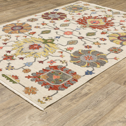 10 x 13 Ivory Yellow Rust Green Grey Pink Orange Blue & Grey Oriental Power Loom Stain Resistant Rug With Fringe