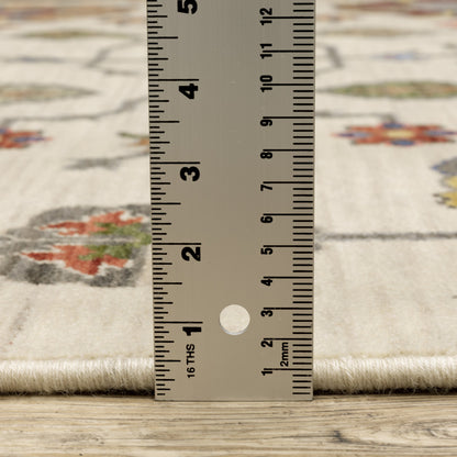 10 x 13 Ivory Yellow Rust Green Grey Pink Orange Blue & Grey Oriental Power Loom Stain Resistant Rug With Fringe