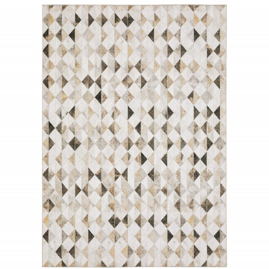 8 x 10 Beige Brown Grey & Ivory Geometric Power Loom Stain Resistant Rug