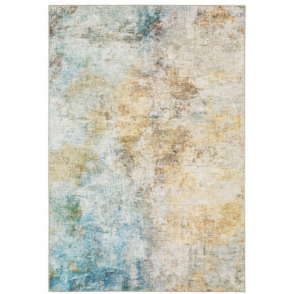 8 x 10 Yellow Gold Blue Green Brown Grey & Beige Power Loom Stain Resistant Rug