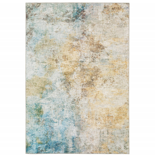 8 x 10 Yellow Gold Blue Green Brown Grey & Beige Power Loom Stain Resistant Rug