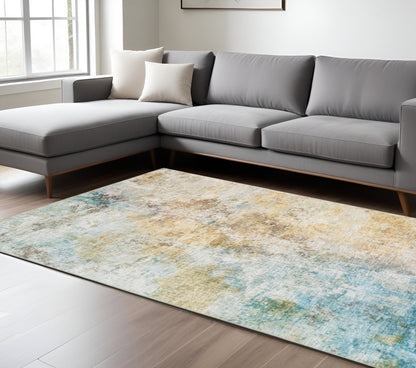 8 x 10 Yellow Gold Blue Green Brown Grey & Beige Power Loom Stain Resistant Rug