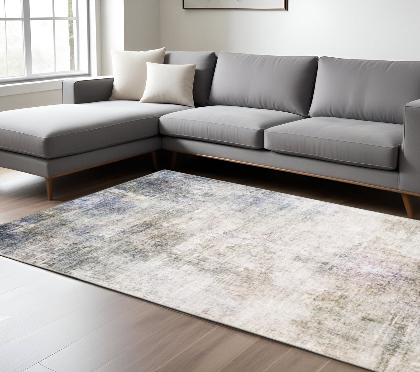 8 x 10 Beige Blue Grey Green Brown & Purple Power Loom Stain Resistant Rug
