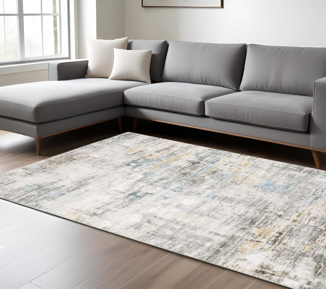 8 x 10 Grey Gold Blue Beige & Green Power Loom Stain Resistant Rug