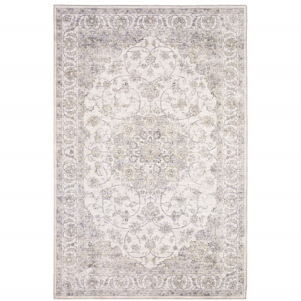 8 x 10 Beige Gold & Grey Oriental Power Loom Stain Resistant Rug