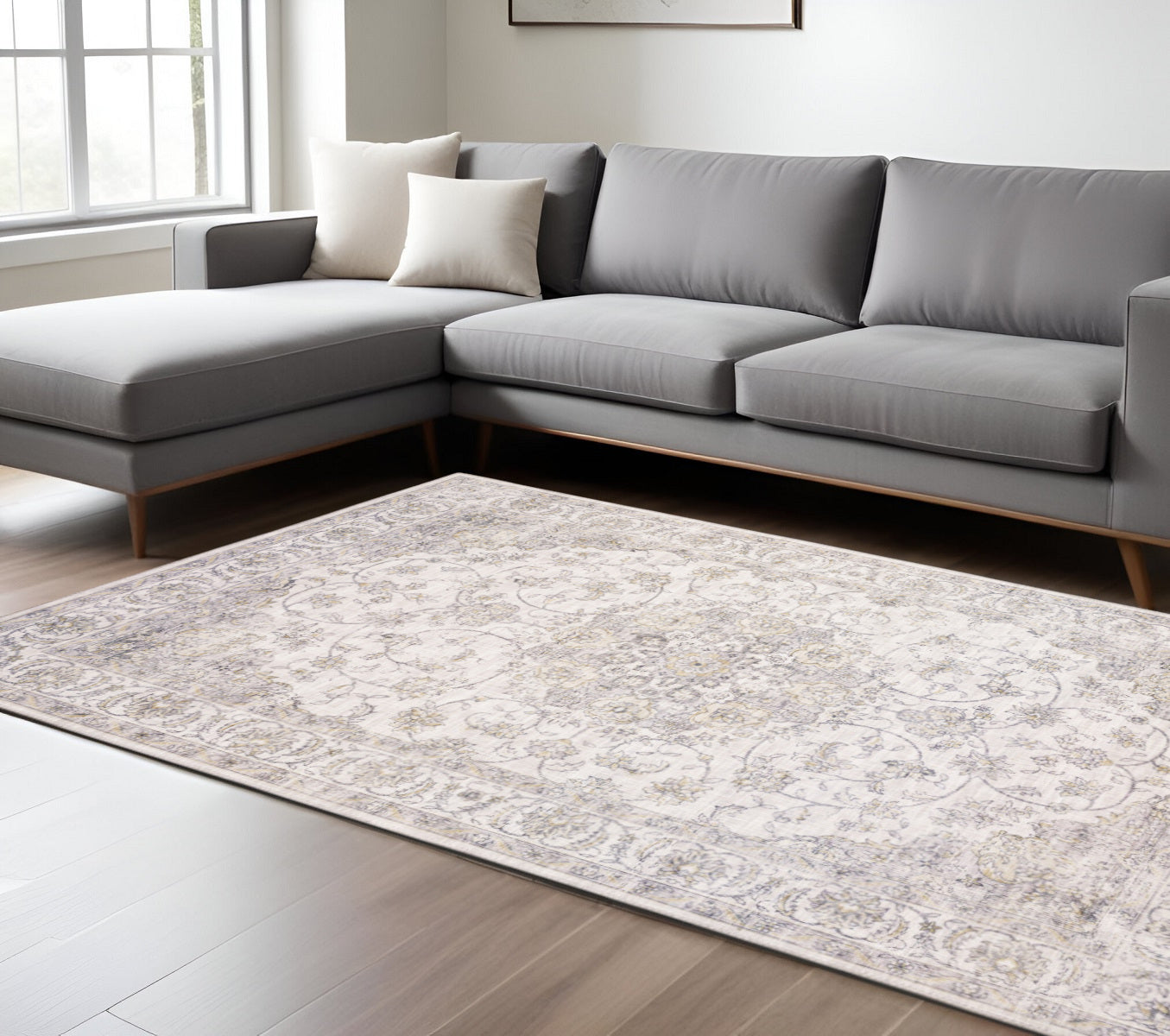 8 x 10 Beige Gold & Grey Oriental Power Loom Stain Resistant Rug