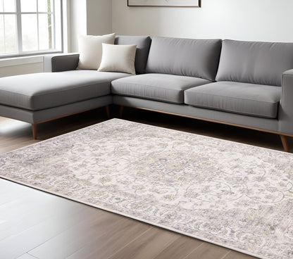 8 x 10 Beige Gold & Grey Oriental Power Loom Stain Resistant Rug