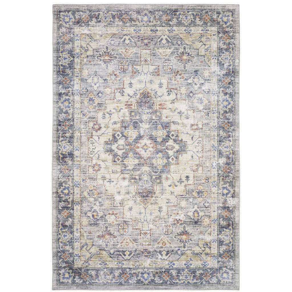 8 x 10 Blue Gold Grey Orange Yellow & Purple Oriental Power Loom Stain Resistant Rug