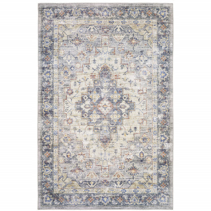 8 x 10 Blue Gold Grey Orange Yellow & Purple Oriental Power Loom Stain Resistant Rug