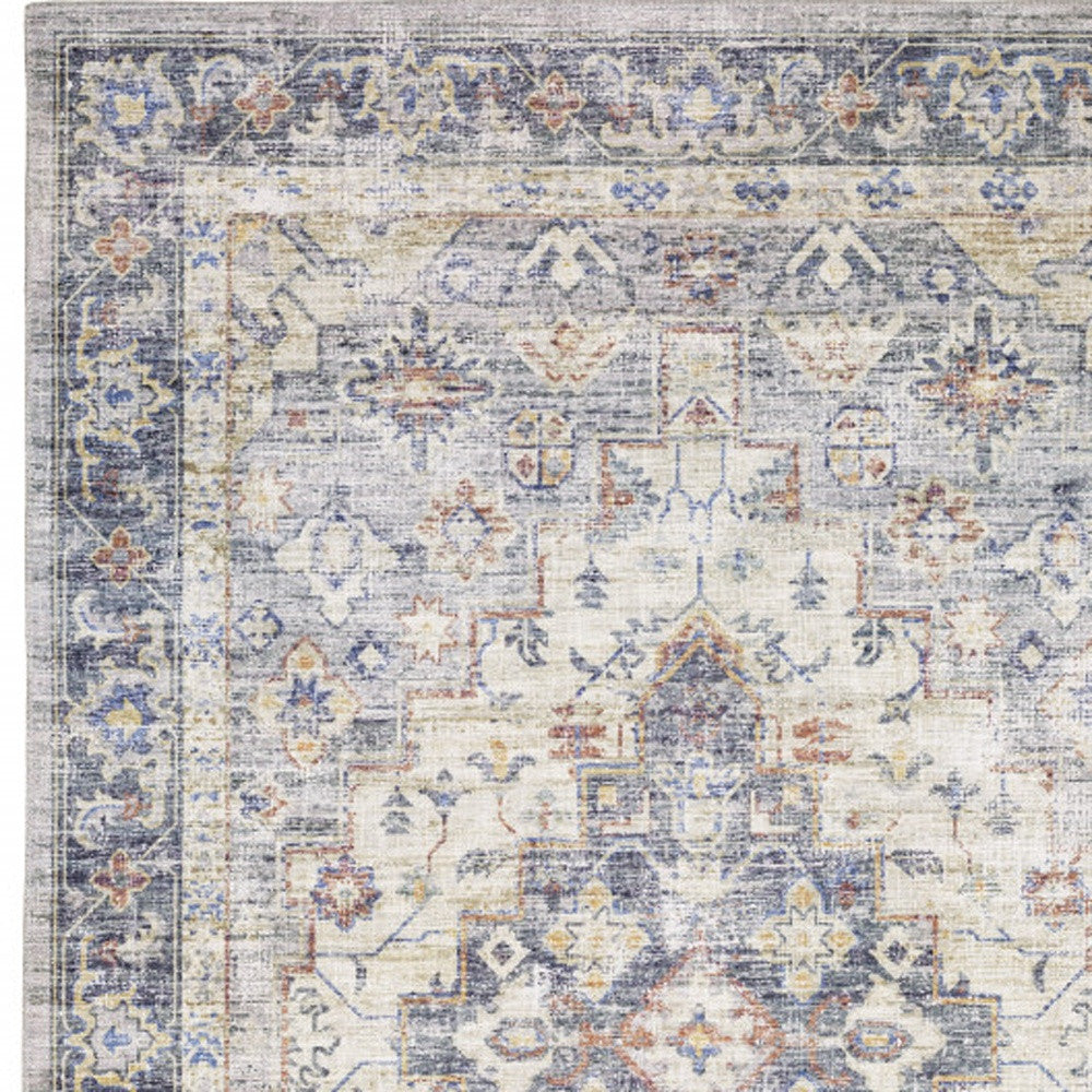 8 x 10 Blue Gold Grey Orange Yellow & Purple Oriental Power Loom Stain Resistant Rug