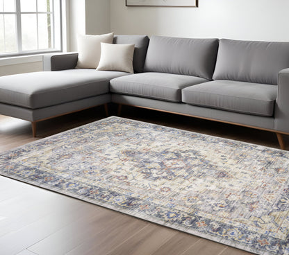 8 x 10 Blue Gold Grey Orange Yellow & Purple Oriental Power Loom Stain Resistant Rug