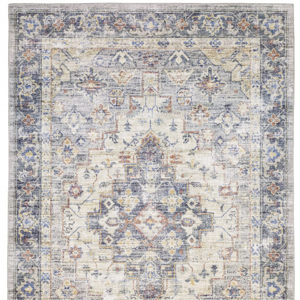 8 x 10 Blue Gold Grey Orange Yellow & Purple Oriental Power Loom Stain Resistant Rug