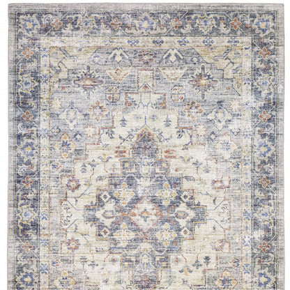 8 x 10 Blue Gold Grey Orange Yellow & Purple Oriental Power Loom Stain Resistant Rug