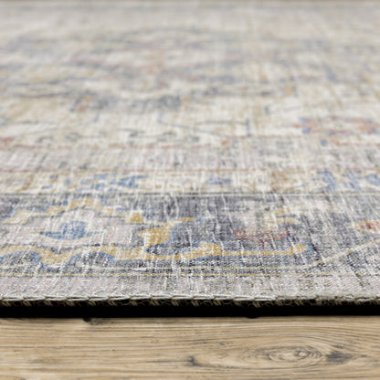 8 x 10 Blue Gold Grey Orange Yellow & Purple Oriental Power Loom Stain Resistant Rug