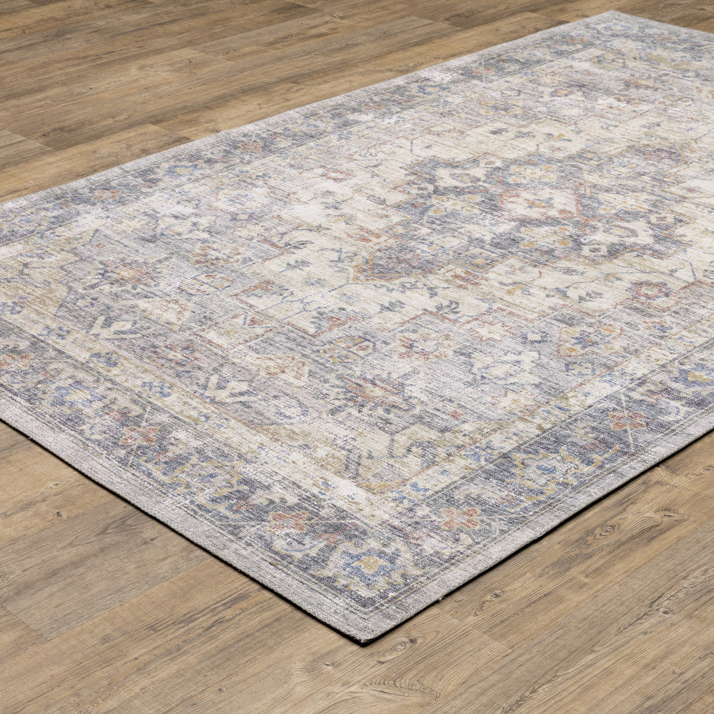 8 x 10 Blue Gold Grey Orange Yellow & Purple Oriental Power Loom Stain Resistant Rug