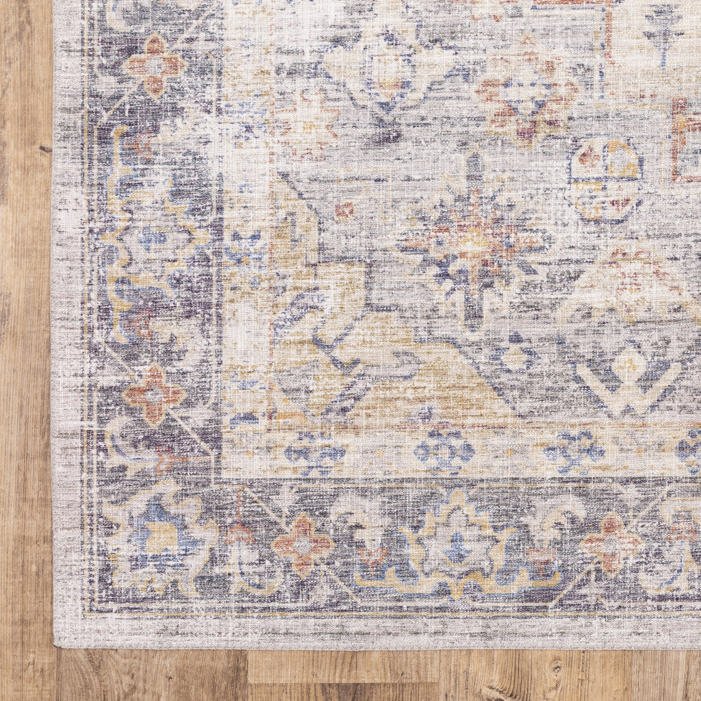 8 x 10 Blue Gold Grey Orange Yellow & Purple Oriental Power Loom Stain Resistant Rug